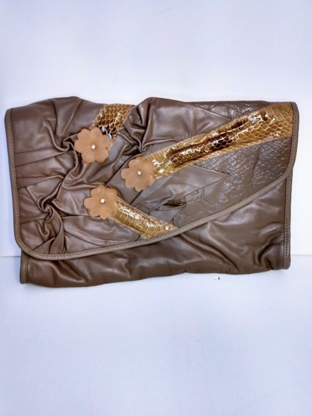 Vintage Leather Foldover Clutch Shoulder Purse Brown Floral Snake 70s 80s Retro